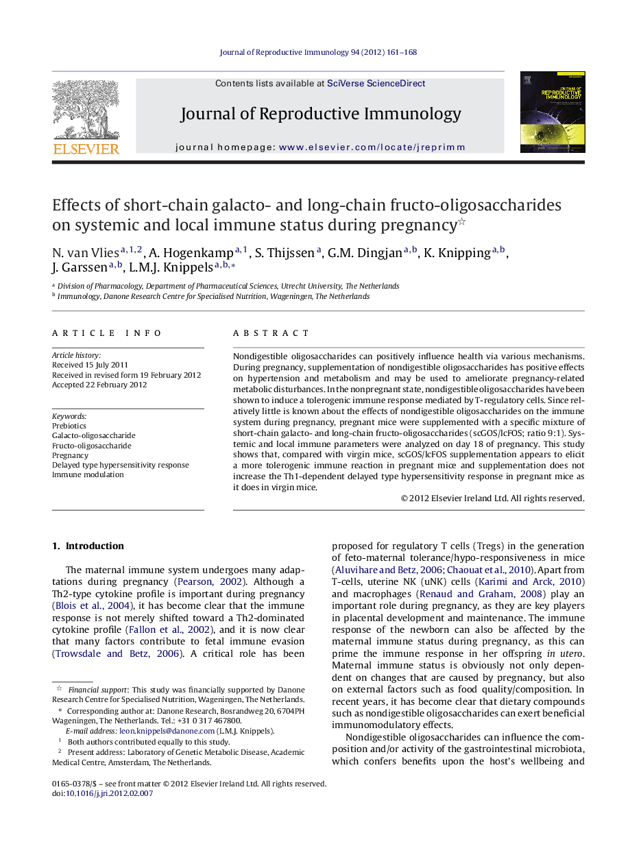 Effects of short-chain galacto- and long-chain fructo-oligosaccharides on systemic and local immune status during pregnancy 