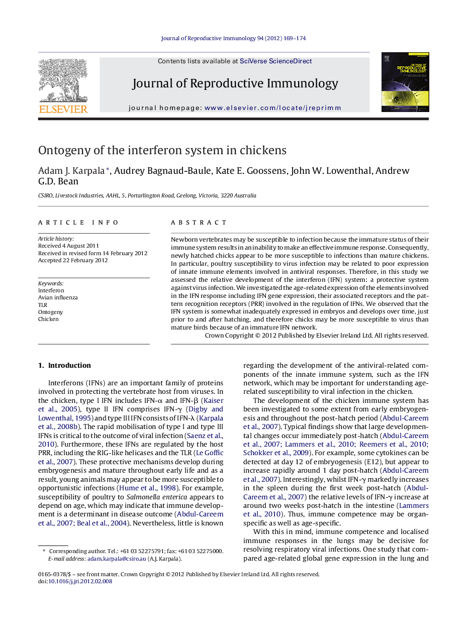 Ontogeny of the interferon system in chickens