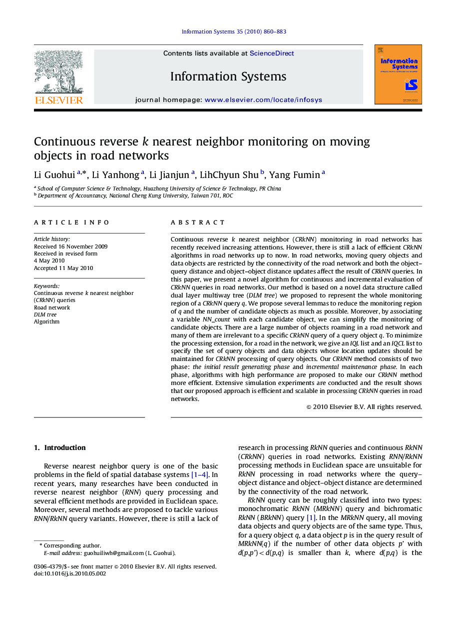 Continuous reverse k nearest neighbor monitoring on moving objects in road networks