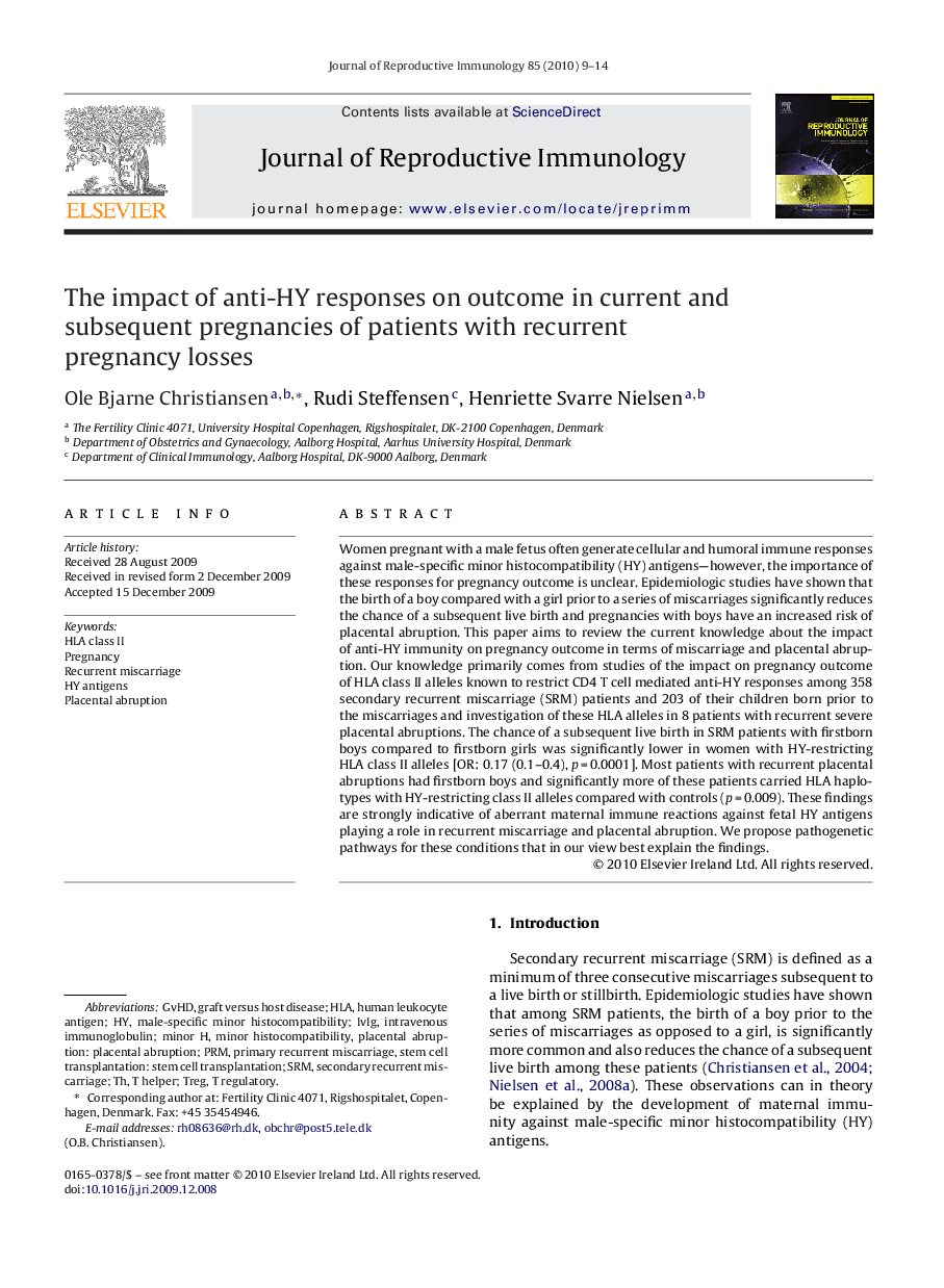 The impact of anti-HY responses on outcome in current and subsequent pregnancies of patients with recurrent pregnancy losses