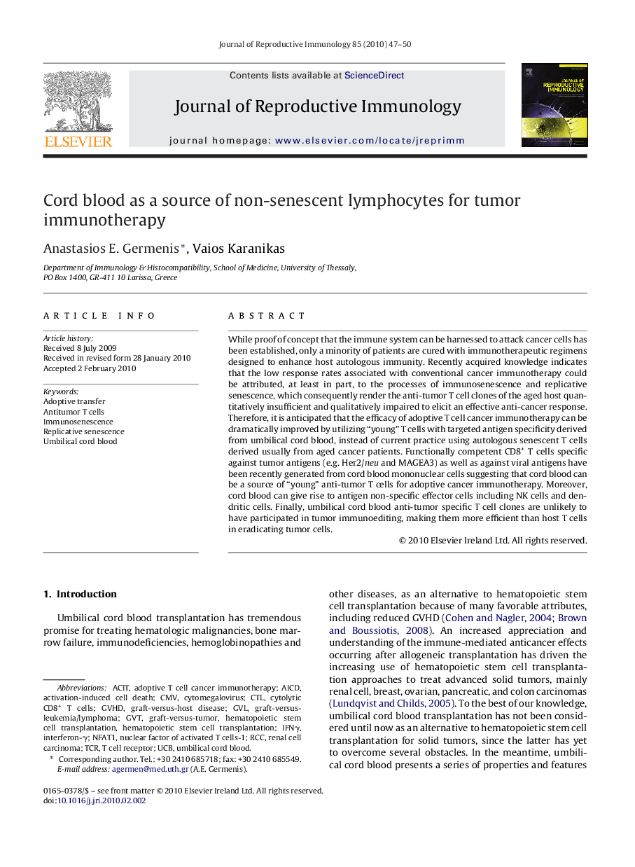 Cord blood as a source of non-senescent lymphocytes for tumor immunotherapy