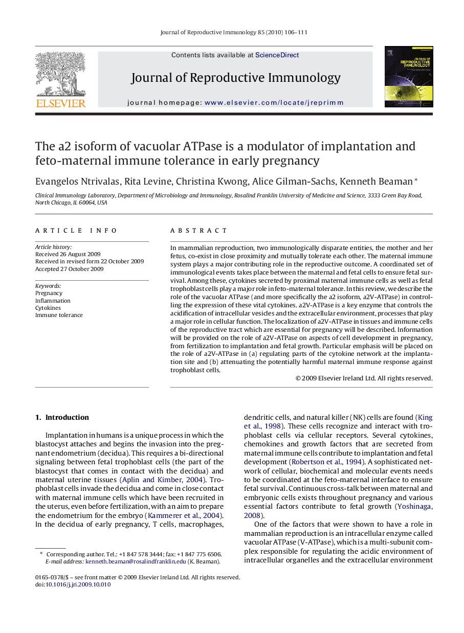 The a2 isoform of vacuolar ATPase is a modulator of implantation and feto-maternal immune tolerance in early pregnancy