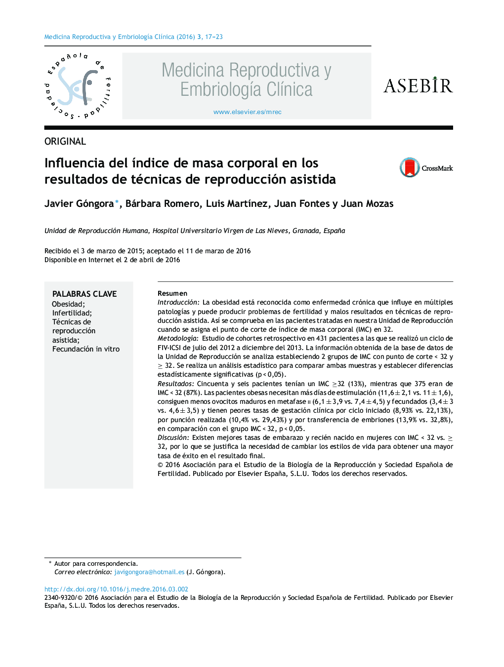 Influencia del Ã­ndice de masa corporal en los resultados de técnicas de reproducción asistida