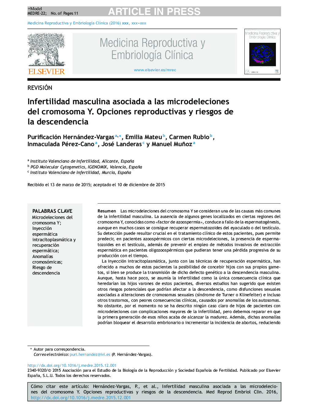 Infertilidad masculina asociada a las microdeleciones del cromosoma Y. Opciones reproductivas y riesgos de la descendencia