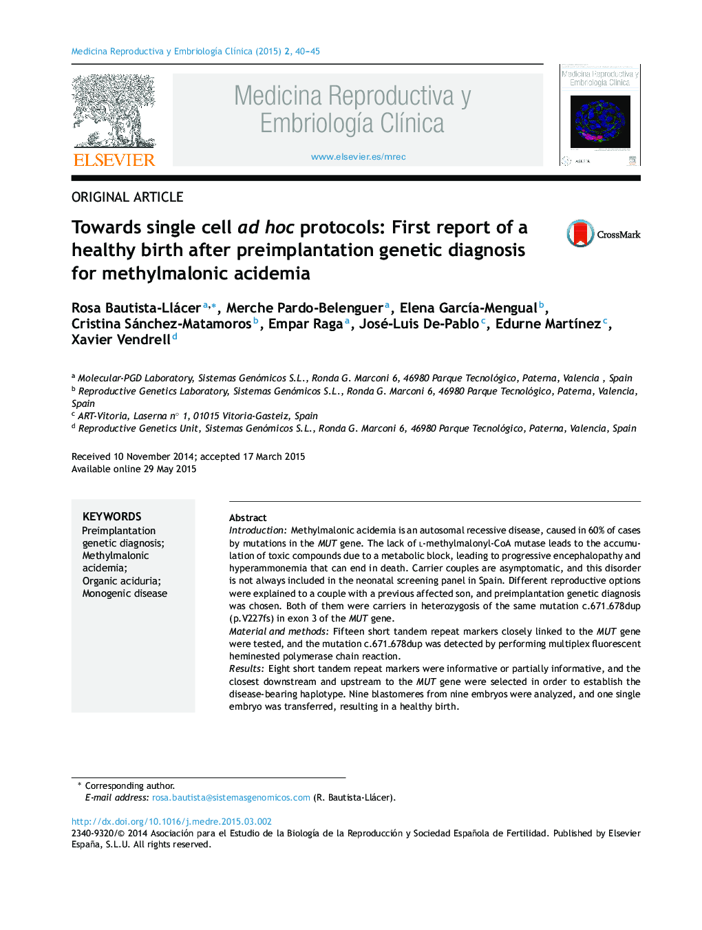 Towards single cell ad hoc protocols: First report of a healthy birth after preimplantation genetic diagnosis for methylmalonic acidemia