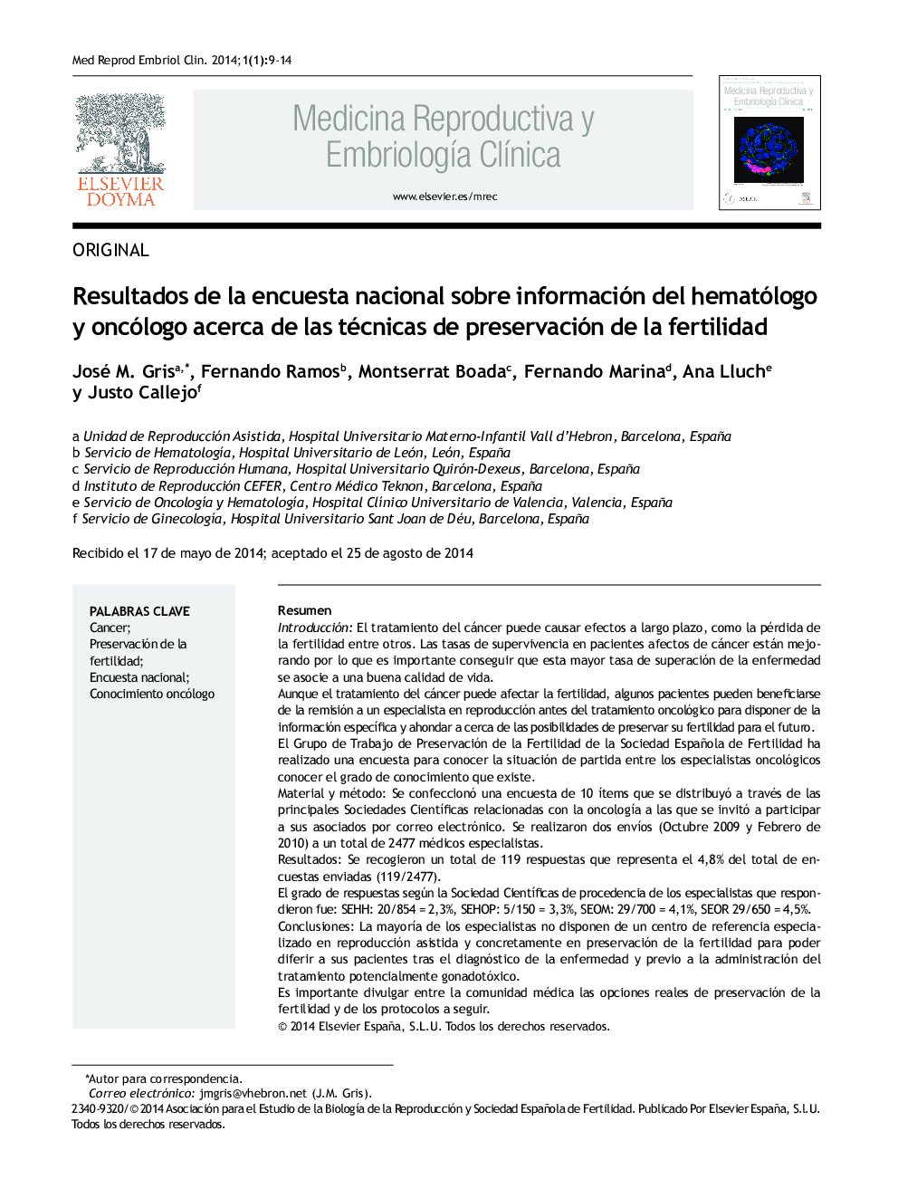 Resultados de la encuesta nacional sobre información del hematólogo y oncólogo acerca de las técnicas de preservación de la fertilidad