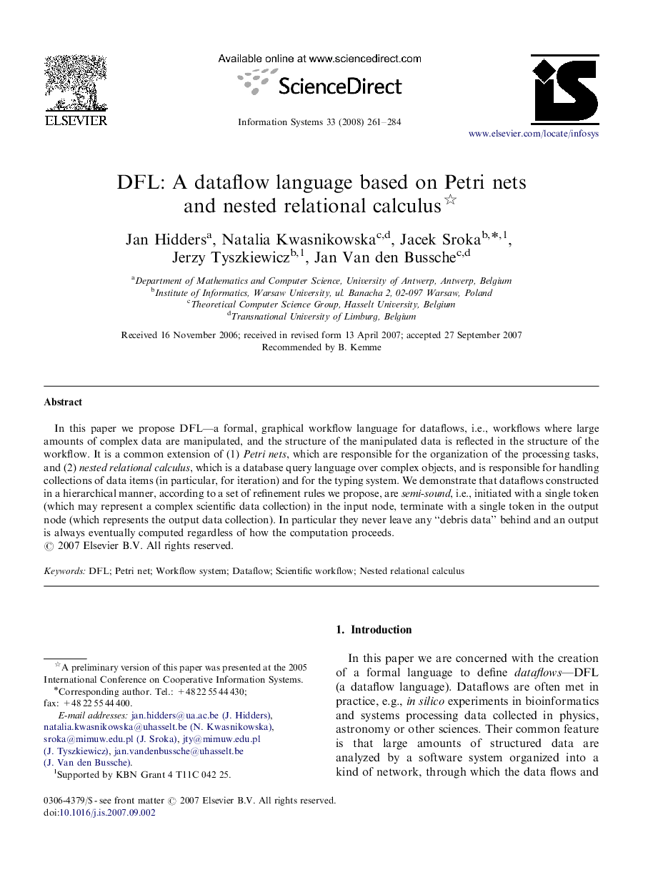 DFL: A dataflow language based on Petri nets and nested relational calculus 