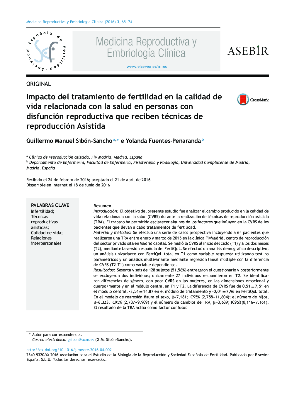 Impacto del tratamiento de fertilidad en la calidad de vida relacionada con la salud en personas con disfunción reproductiva que reciben técnicas de reproducción Asistida