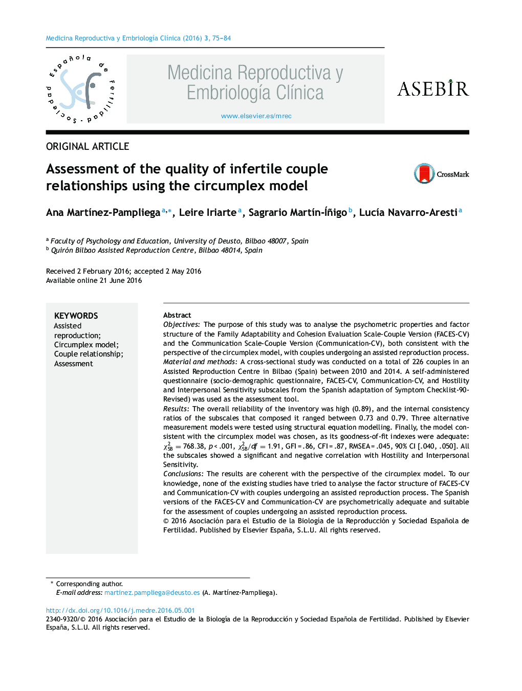 Assessment of the quality of infertile couple relationships using the circumplex model