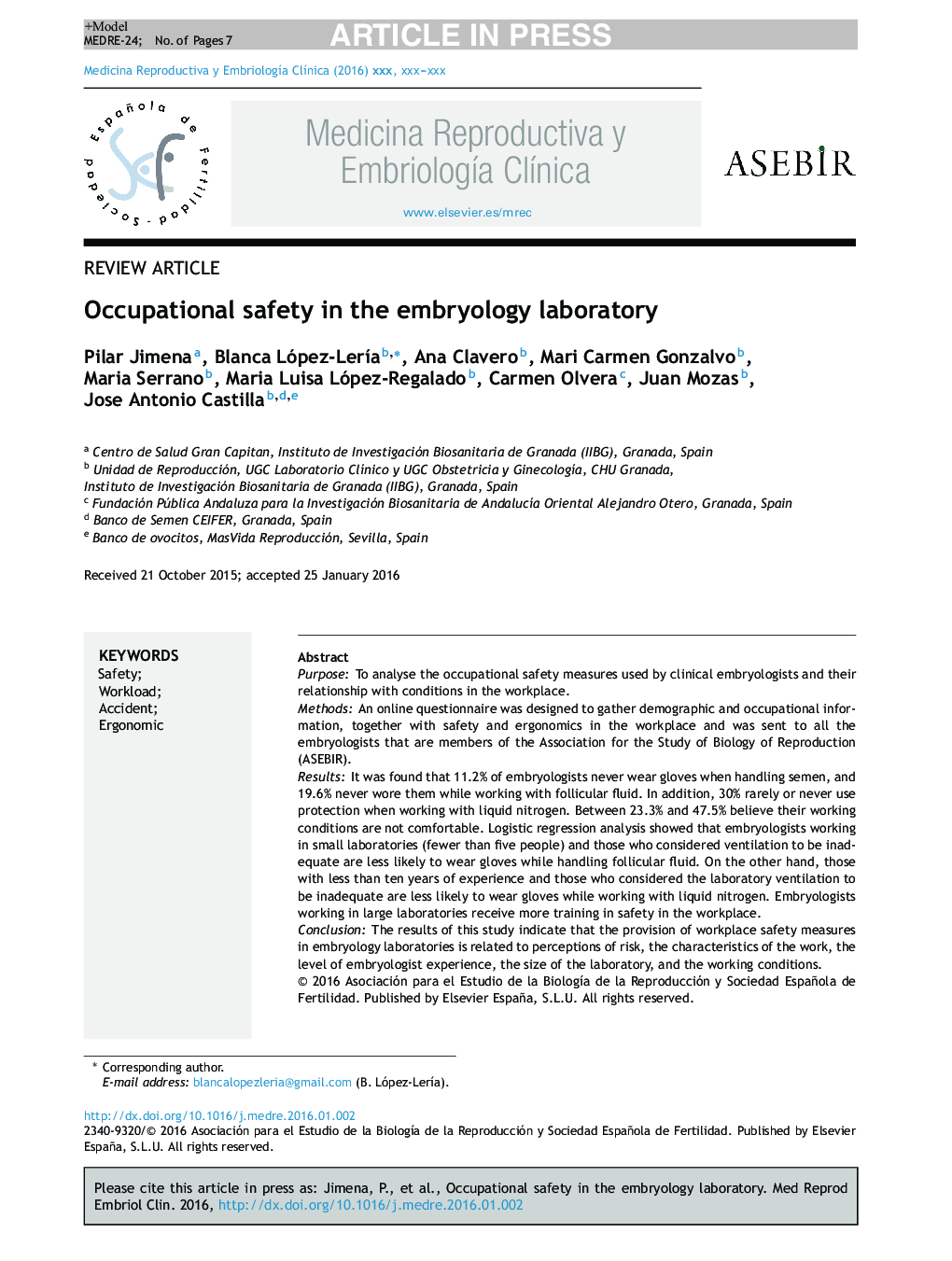 Occupational safety in the embryology laboratory