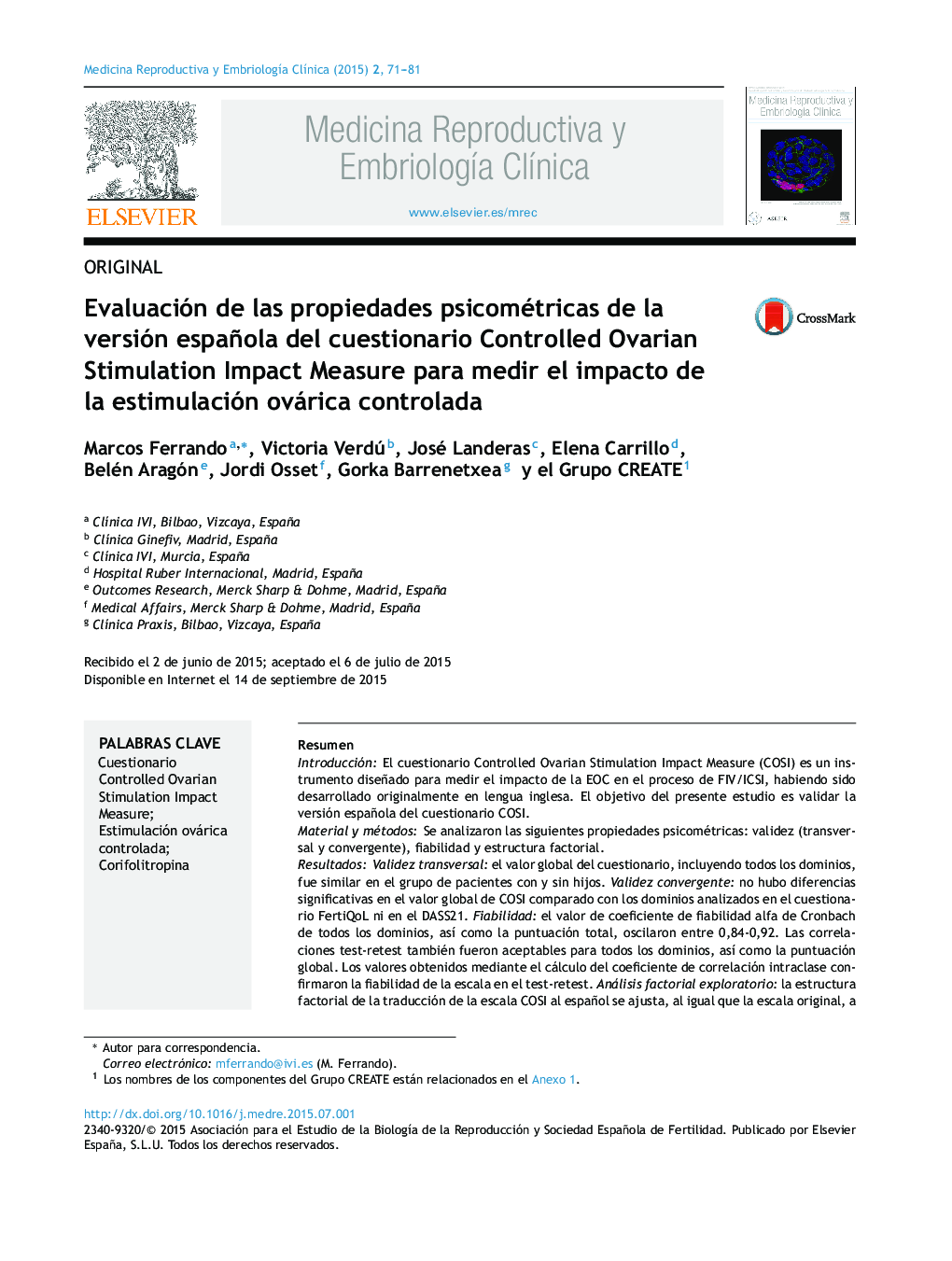 Evaluación de las propiedades psicométricas de la versión española del cuestionario Controlled Ovarian Stimulation Impact Measure para medir el impacto de la estimulación ovárica controlada