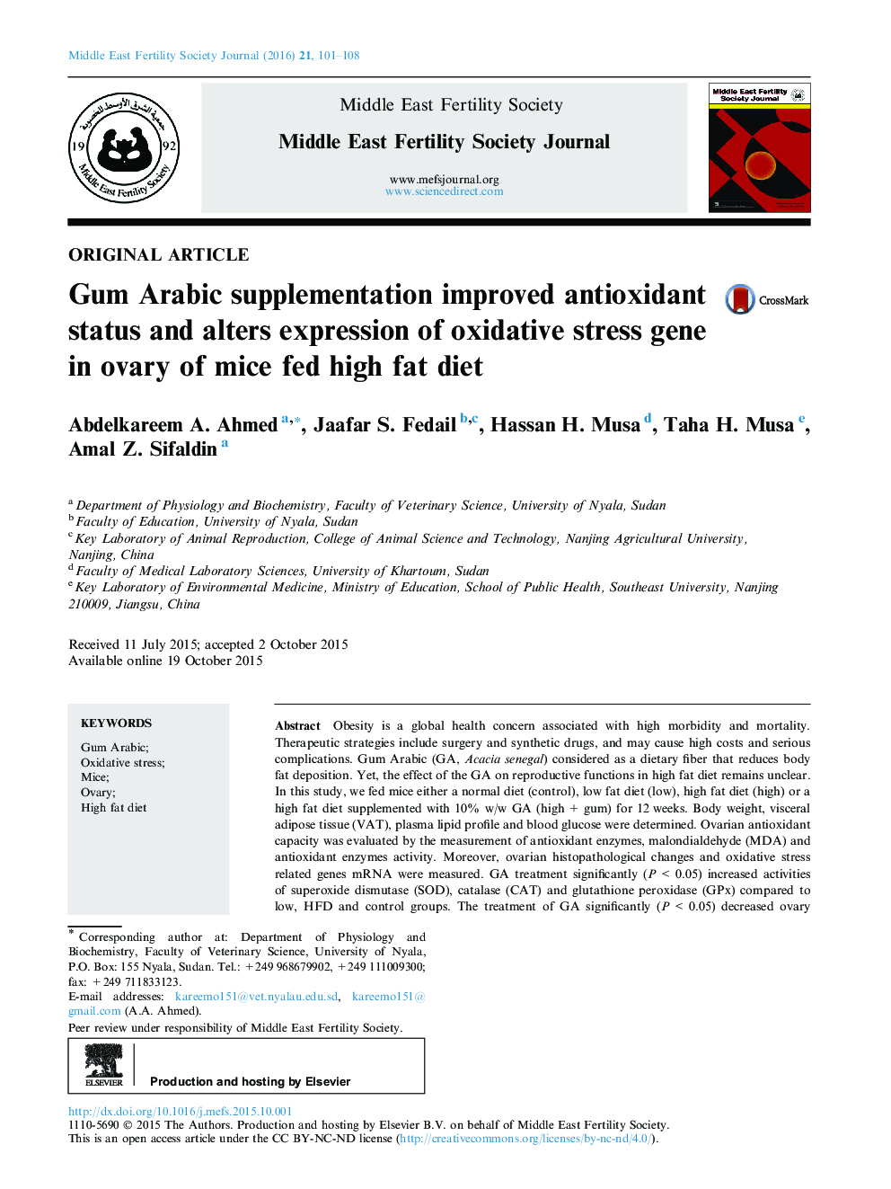 Gum Arabic supplementation improved antioxidant status and alters expression of oxidative stress gene in ovary of mice fed high fat diet 