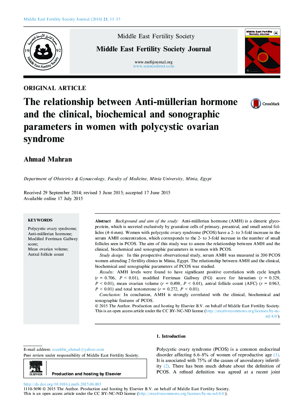 The relationship between Anti-müllerian hormone and the clinical, biochemical and sonographic parameters in women with polycystic ovarian syndrome 