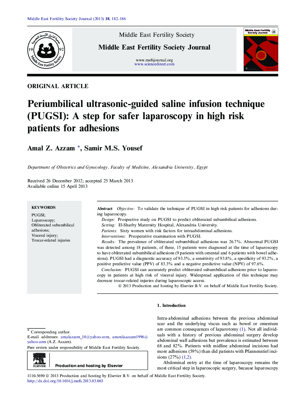 Periumbilical ultrasonic-guided saline infusion technique (PUGSI): A step for safer laparoscopy in high risk patients for adhesions 