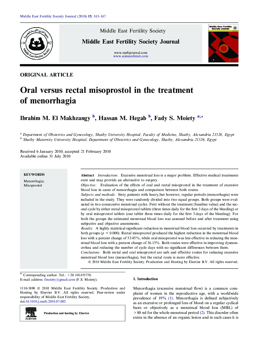 Oral versus rectal misoprostol in the treatment of menorrhagia 