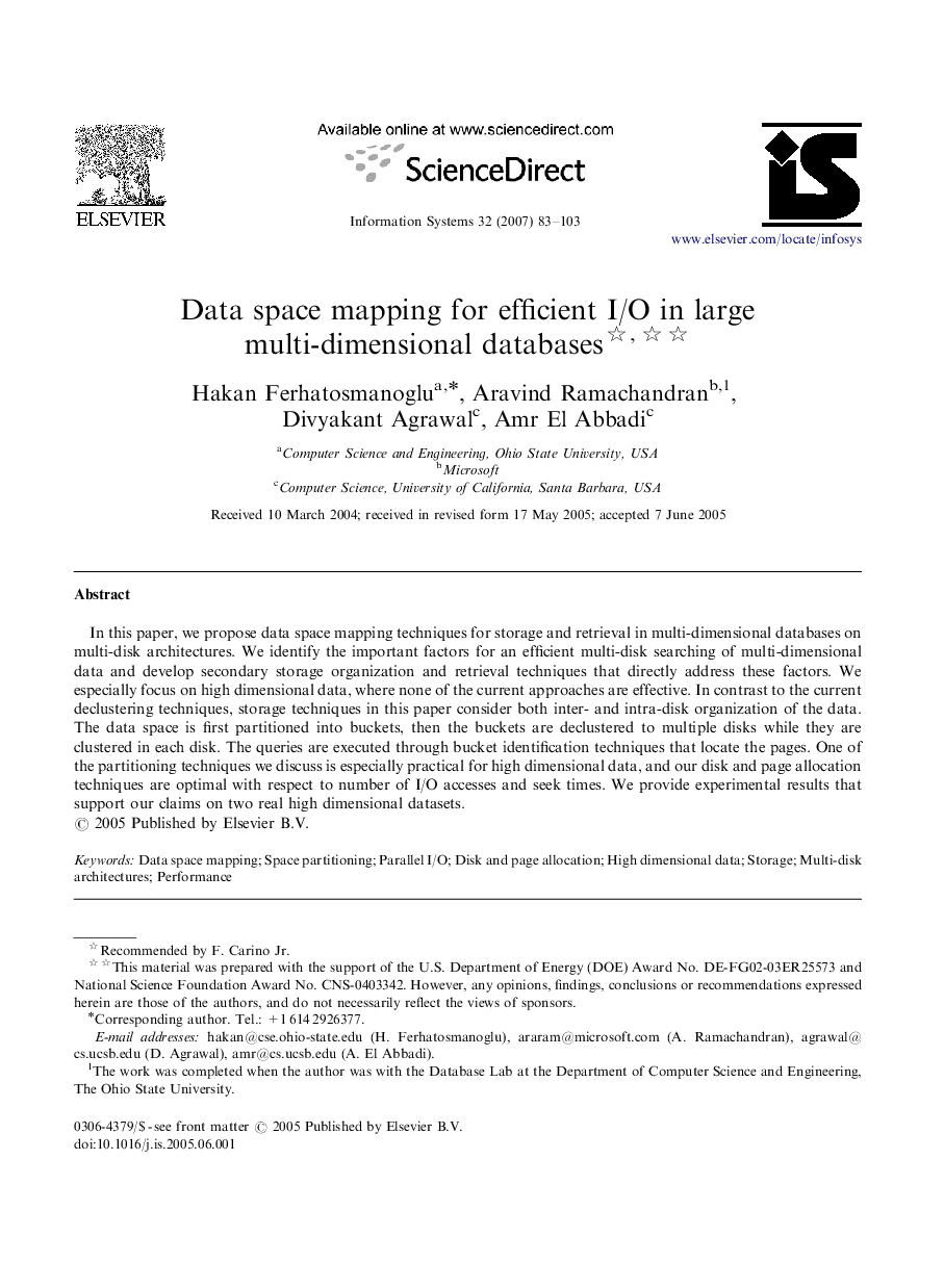 عکس صفحه اول مقاله: Data space mapping for efficient I/O in large multi-dimensional databases Data space mapping for efficient I/O in large multi-dimensional databases