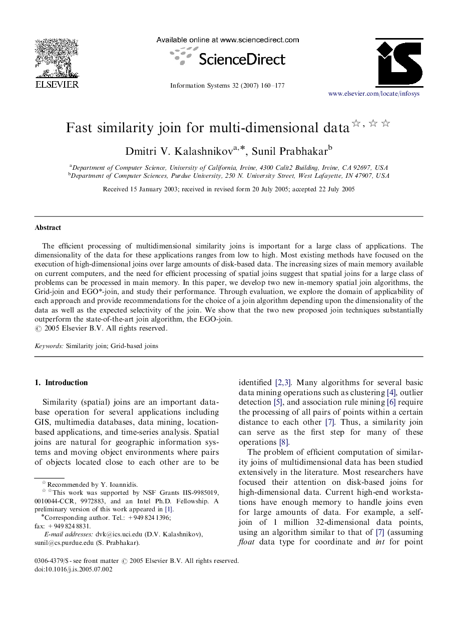 Fast similarity join for multi-dimensional data 