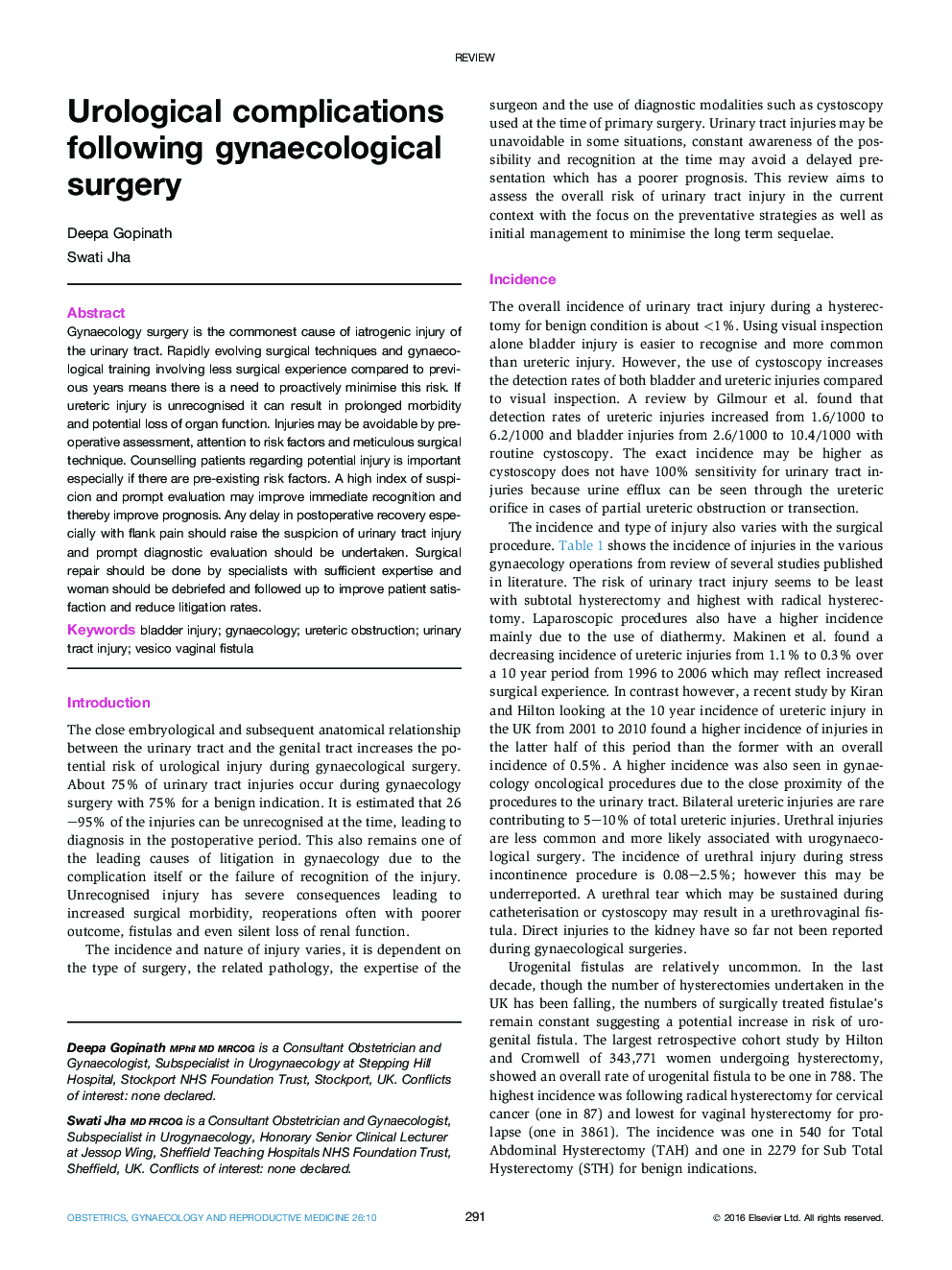 Urological complications following gynaecological surgery