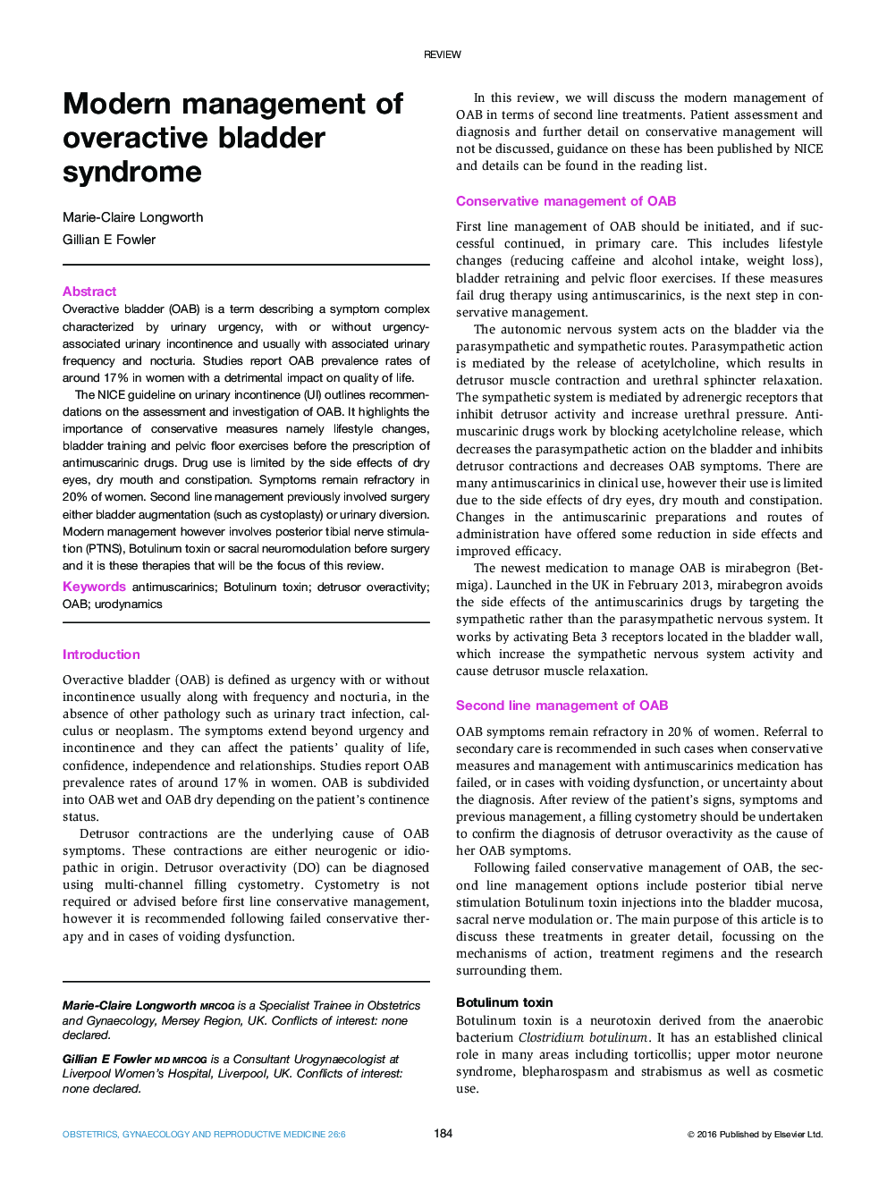 Modern management of overactive bladder syndrome