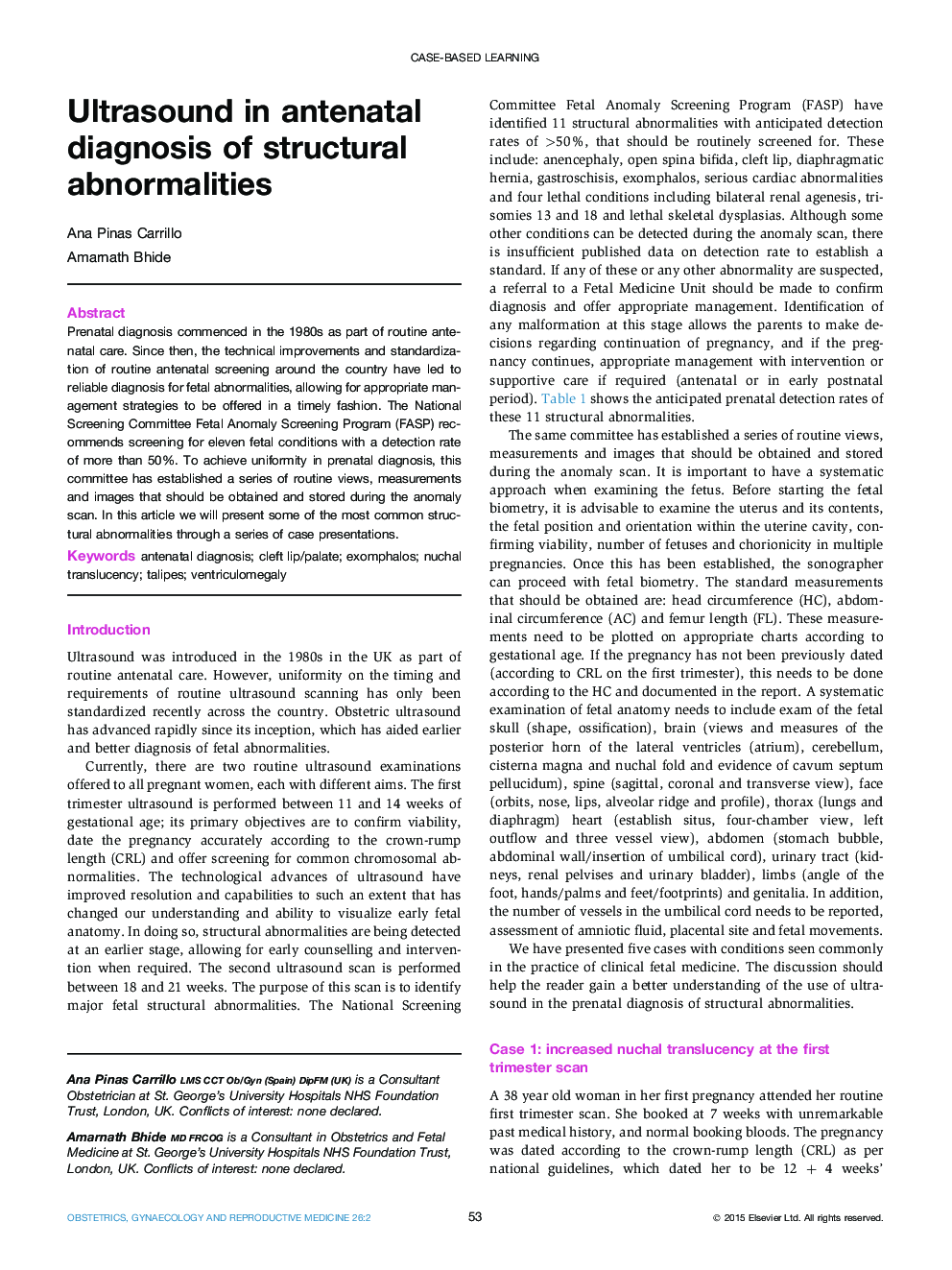 Ultrasound in antenatal diagnosis of structural abnormalities