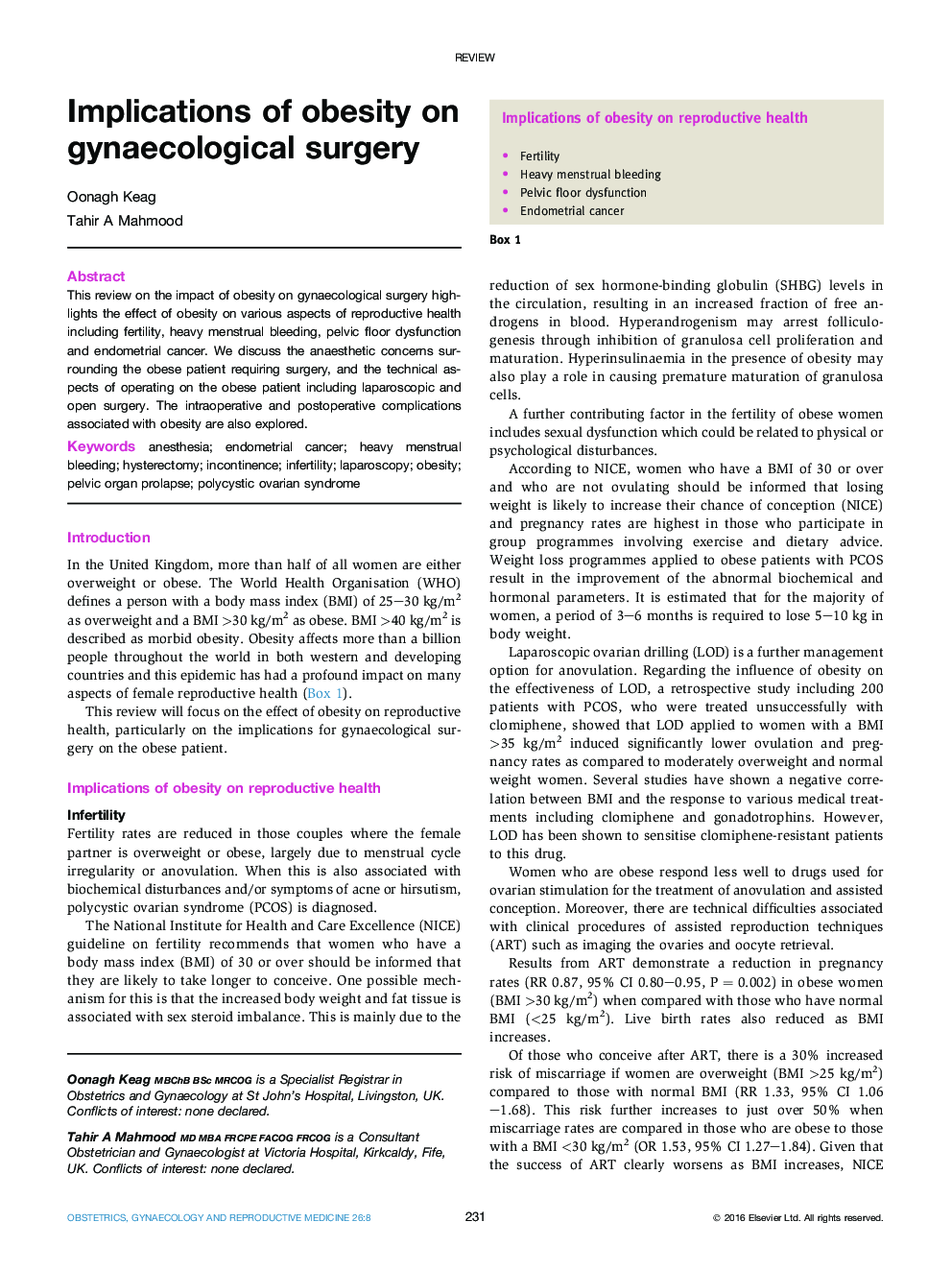 Implications of obesity on gynaecological surgery