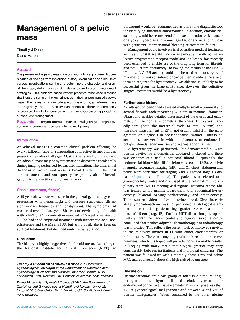 Management of a pelvic mass