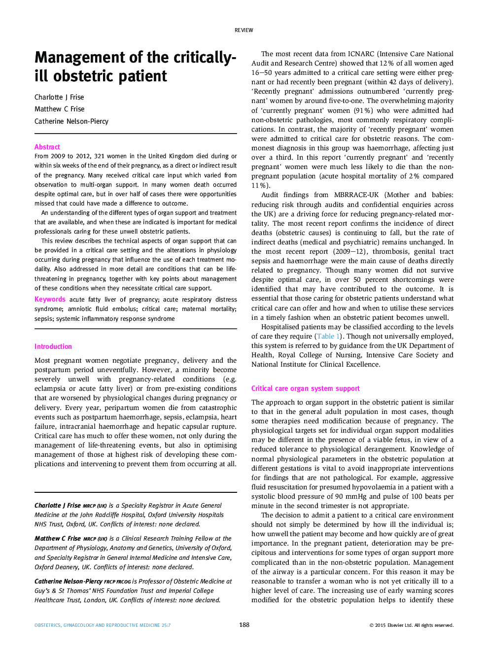 Management of the critically-ill obstetric patient