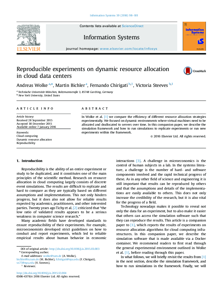 Reproducible experiments on dynamic resource allocation in cloud data centers