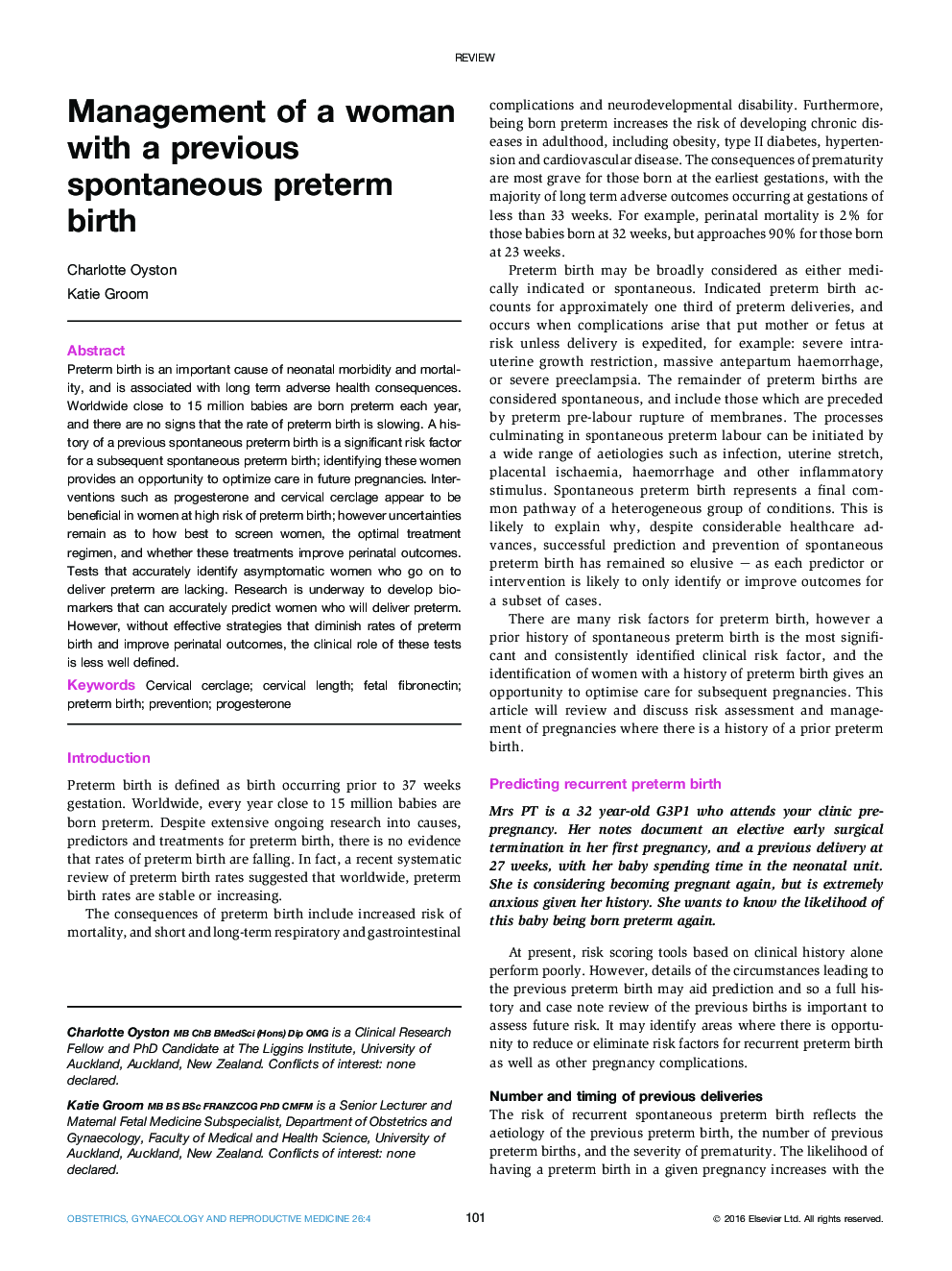 Management of a woman with a previous spontaneous preterm birth