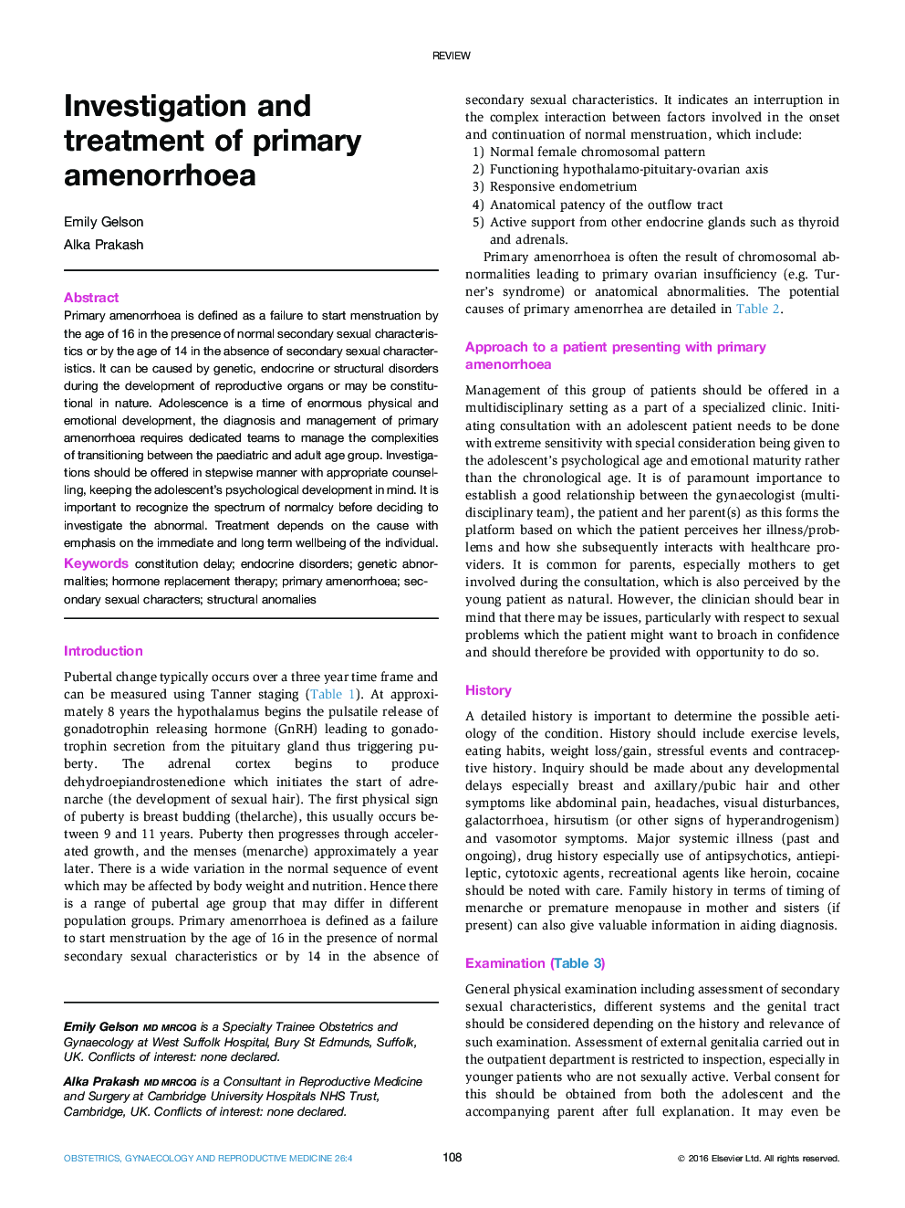 Investigation and treatment of primary amenorrhoea