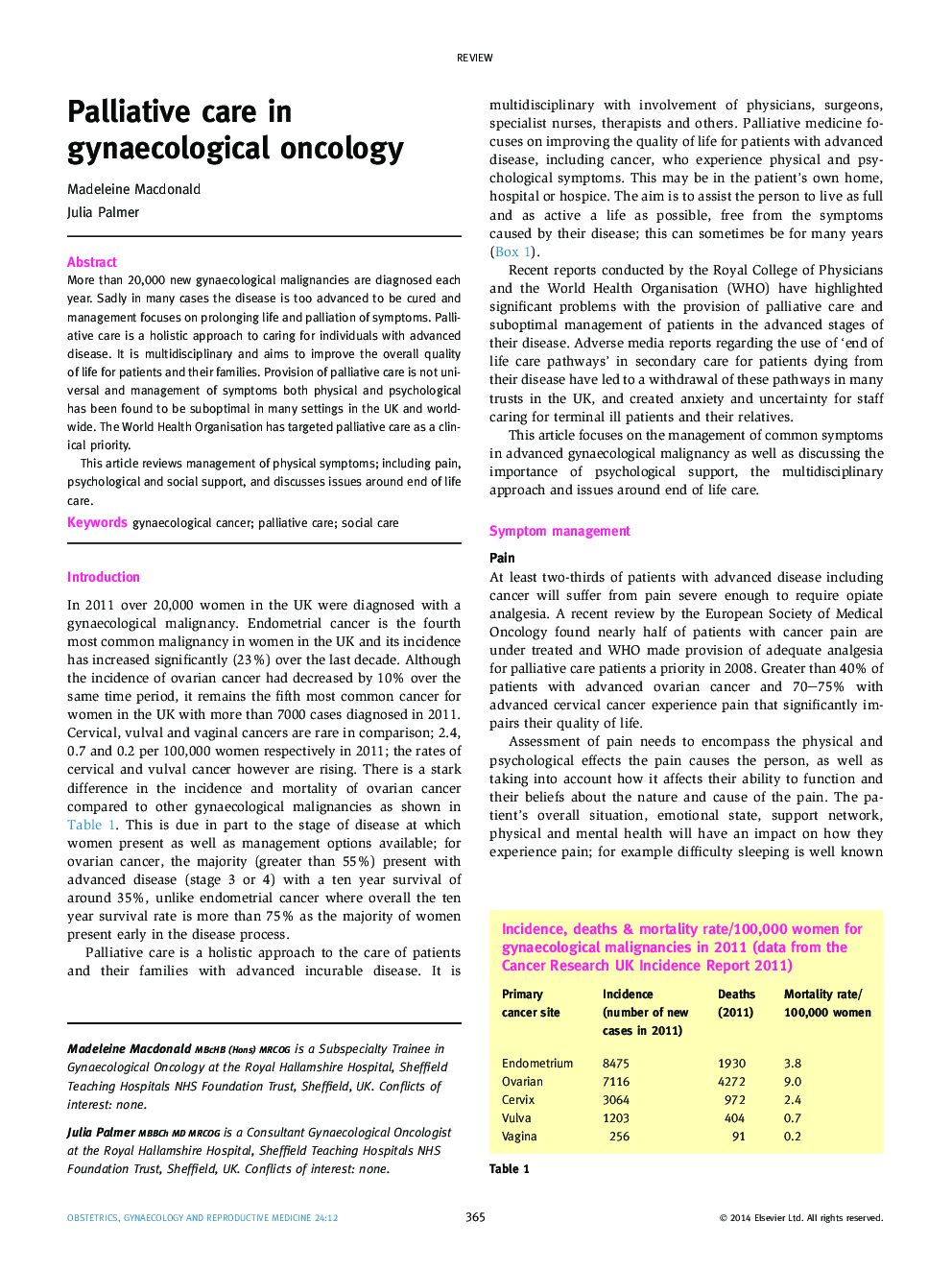 Palliative care in gynaecological oncology