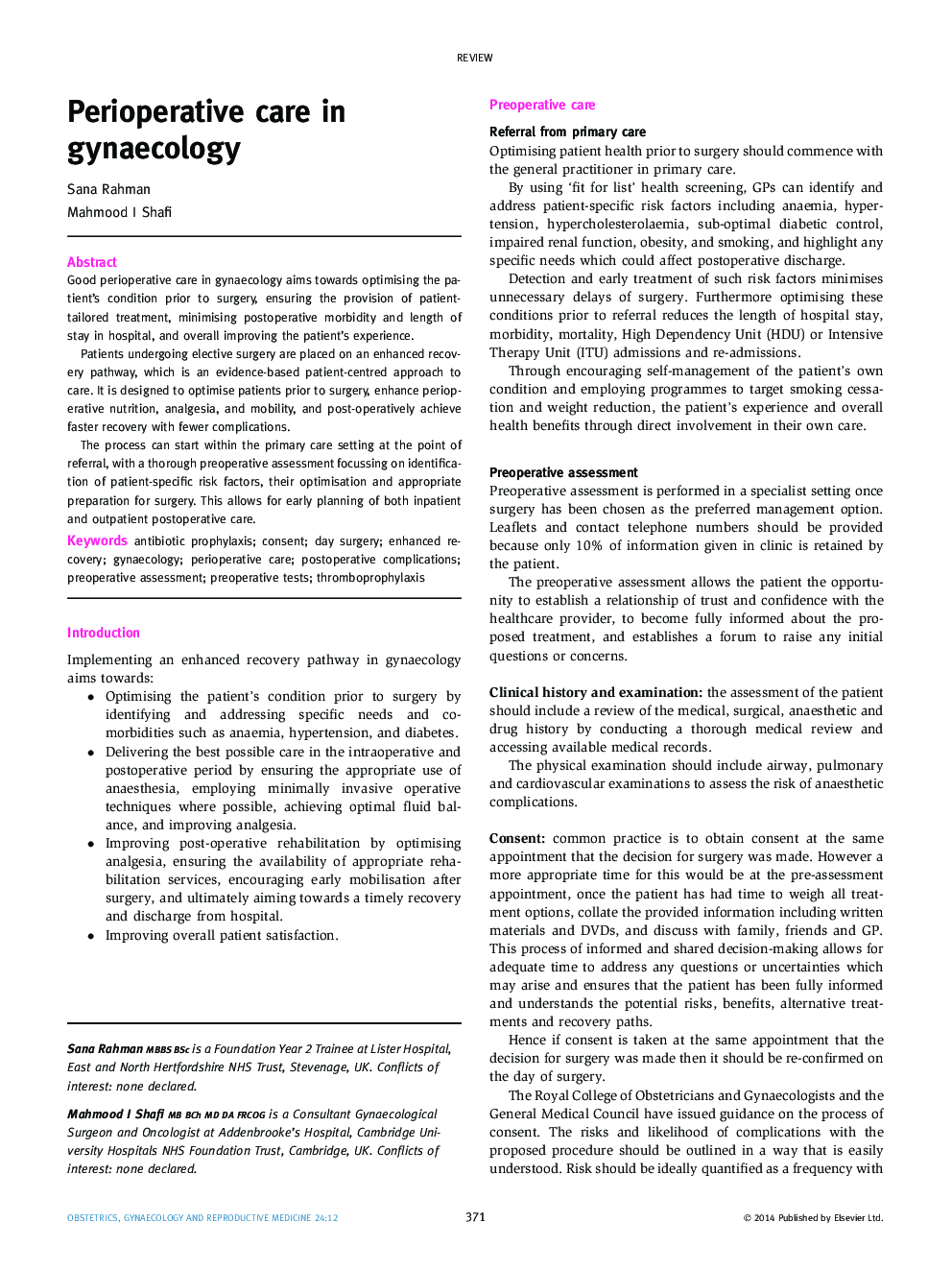 Perioperative care in gynaecology