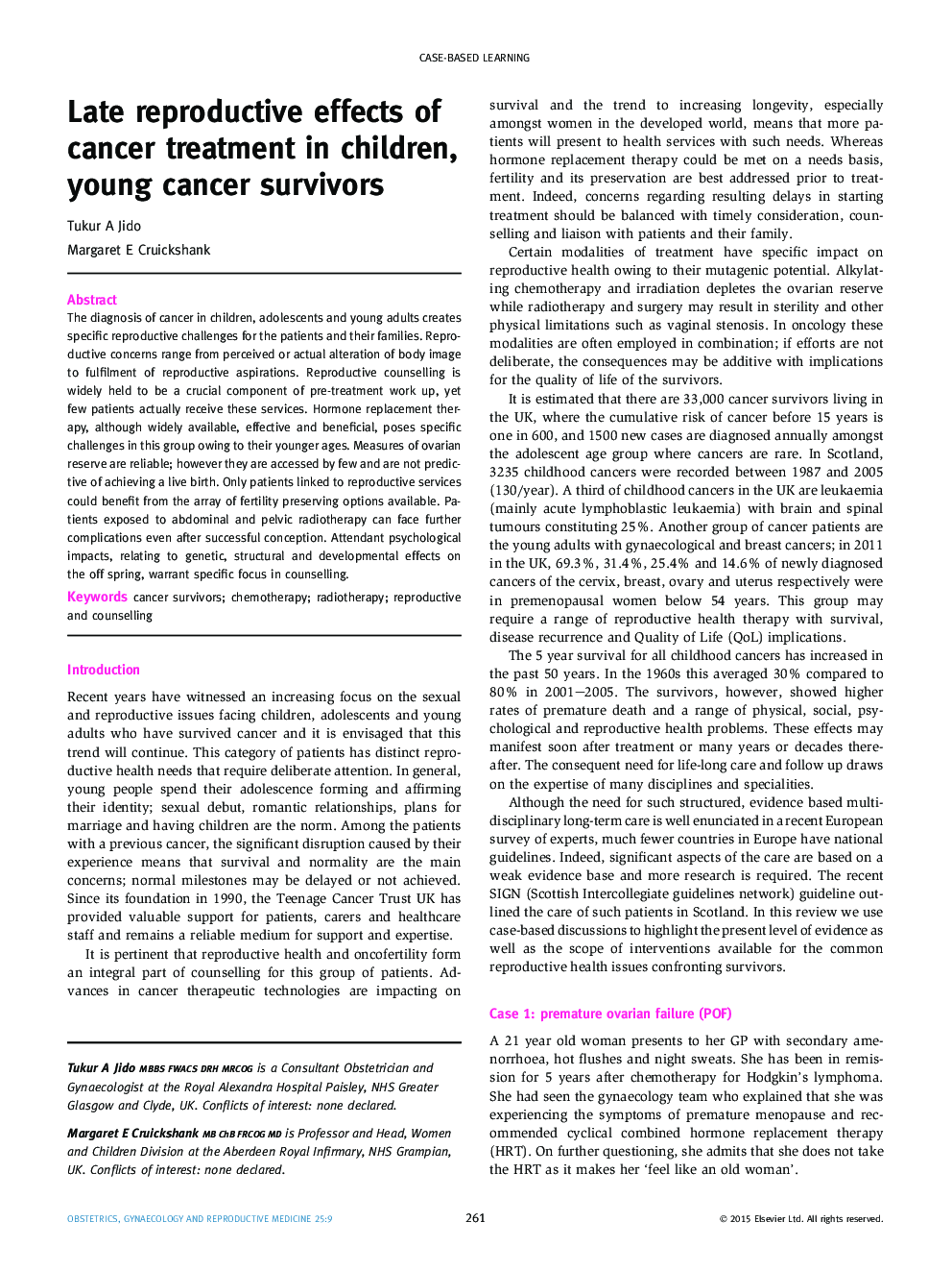 Late reproductive effects of cancer treatment in children, young cancer survivors