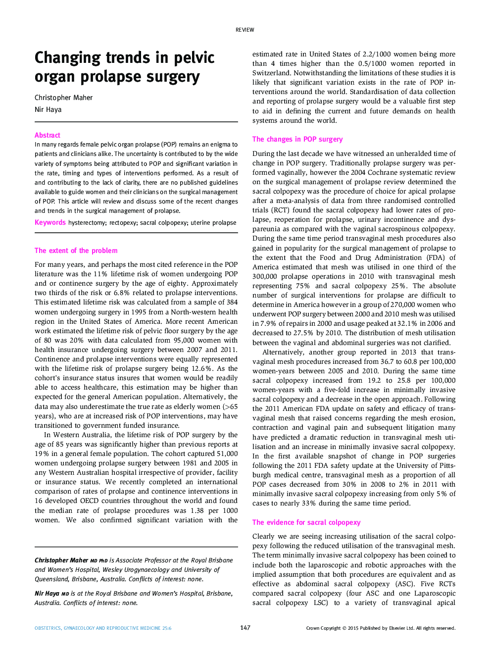 Changing trends in pelvic organ prolapse surgery