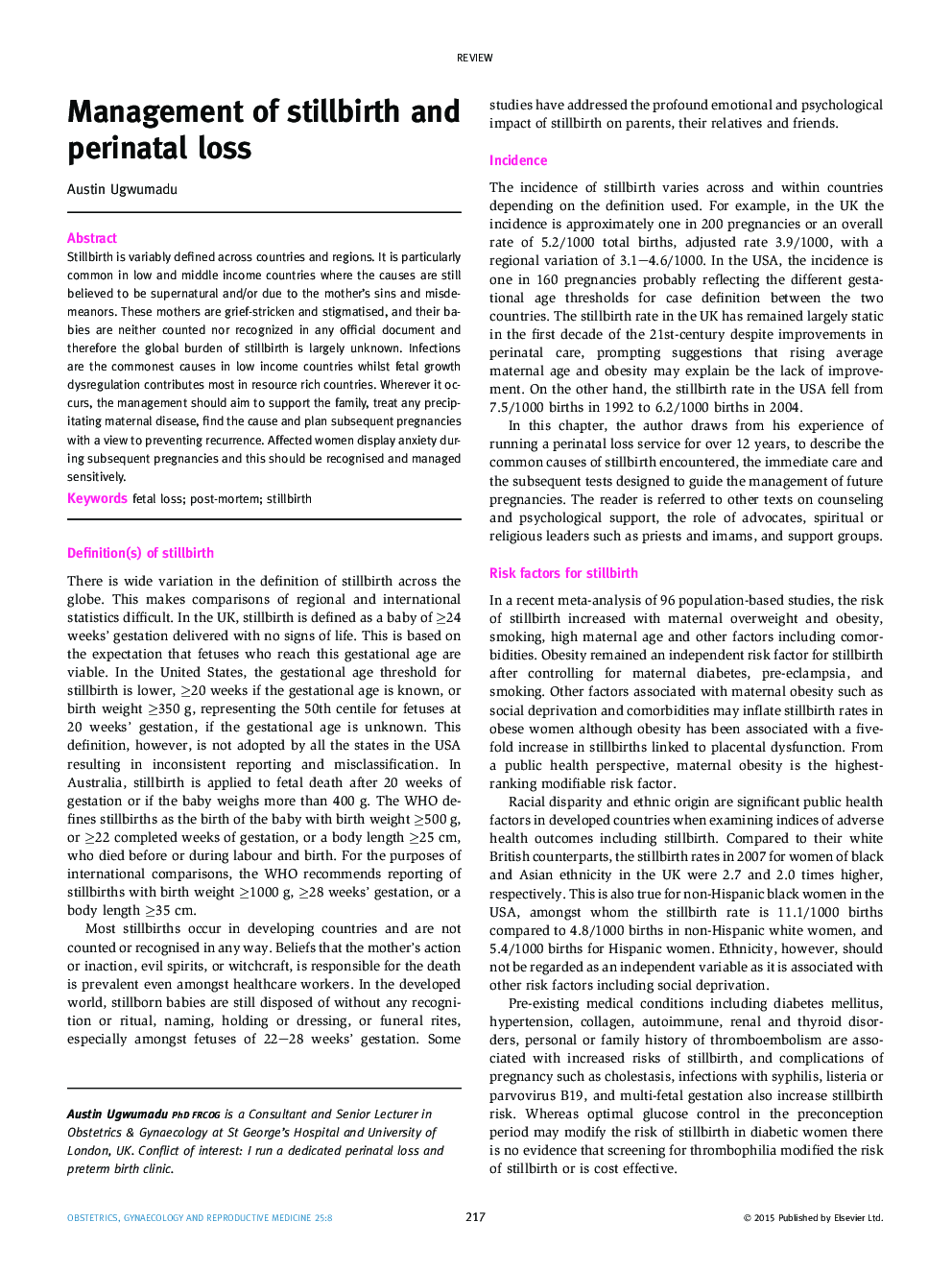 Management of stillbirth and perinatal loss