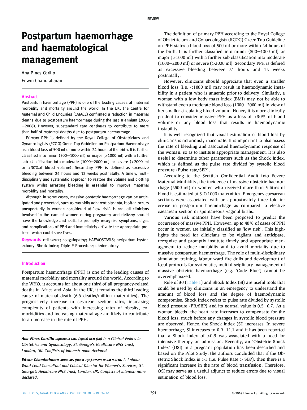 Postpartum haemorrhage and haematological management