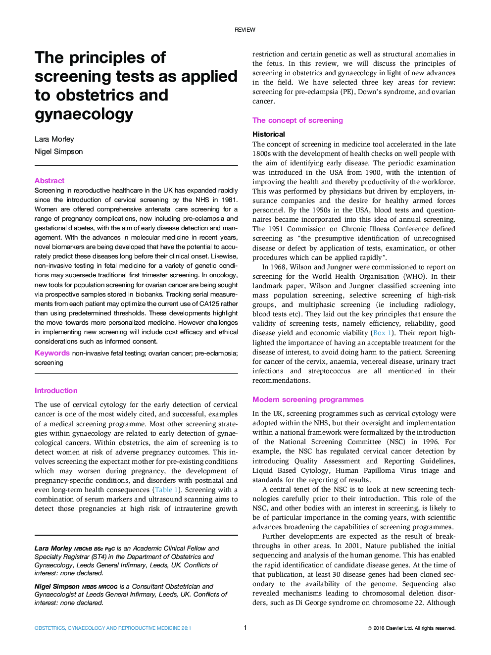 The principles of screening tests as applied to obstetrics and gynaecology