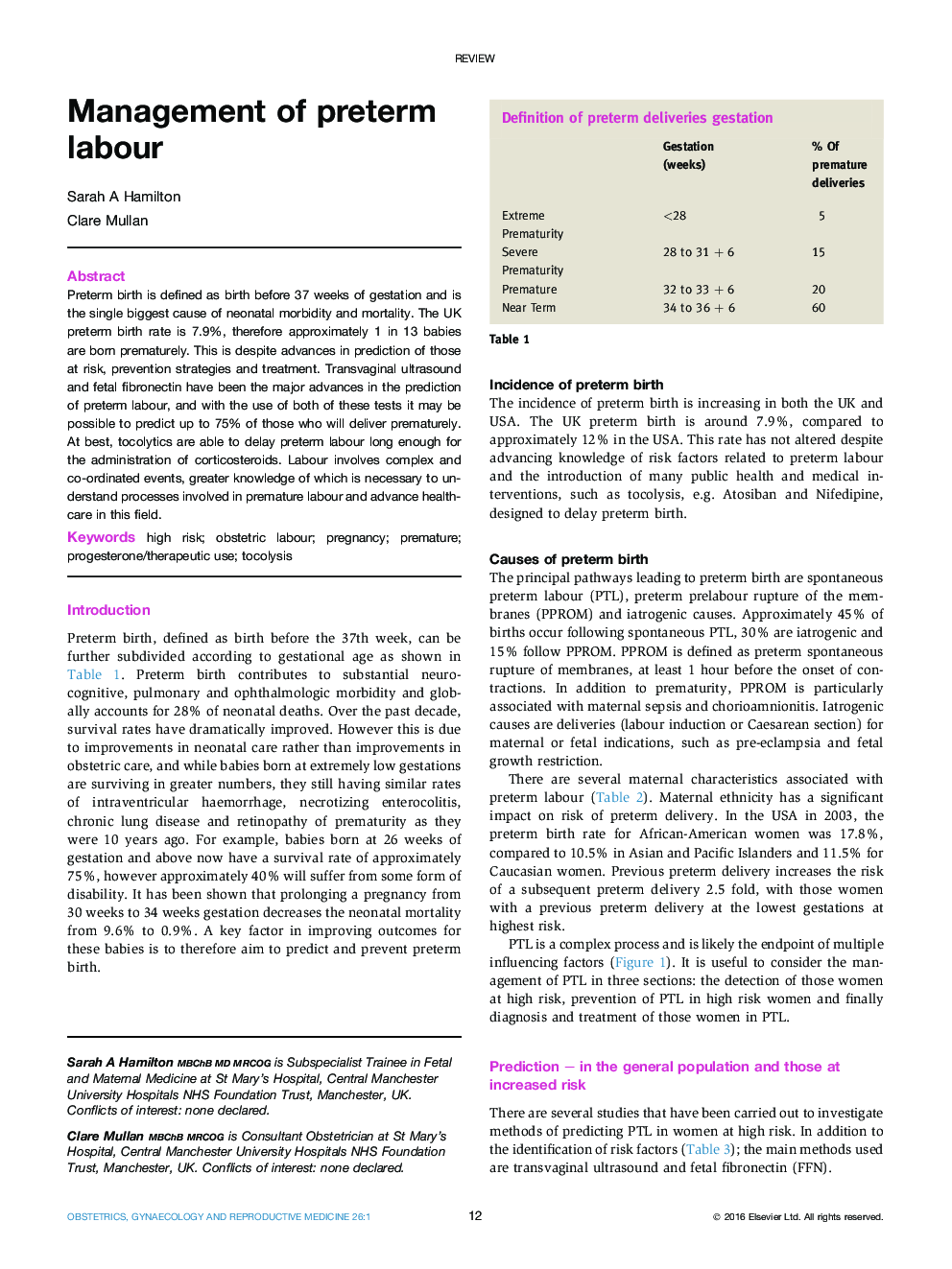 Management of preterm labour