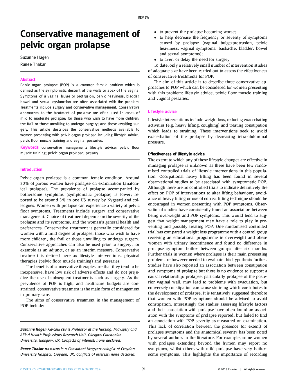 Conservative management of pelvic organ prolapse