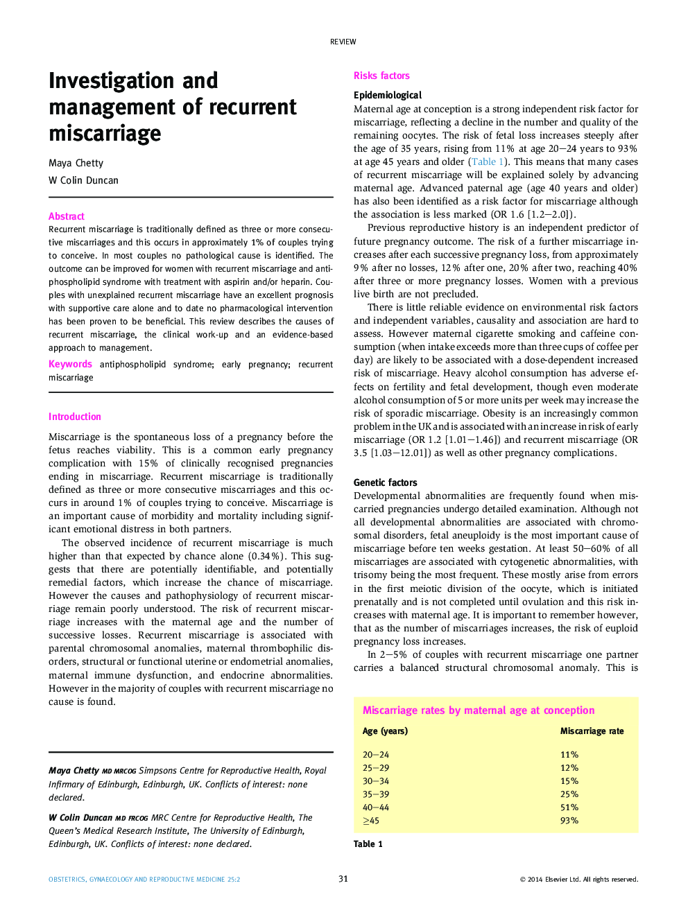 Investigation and management of recurrent miscarriage