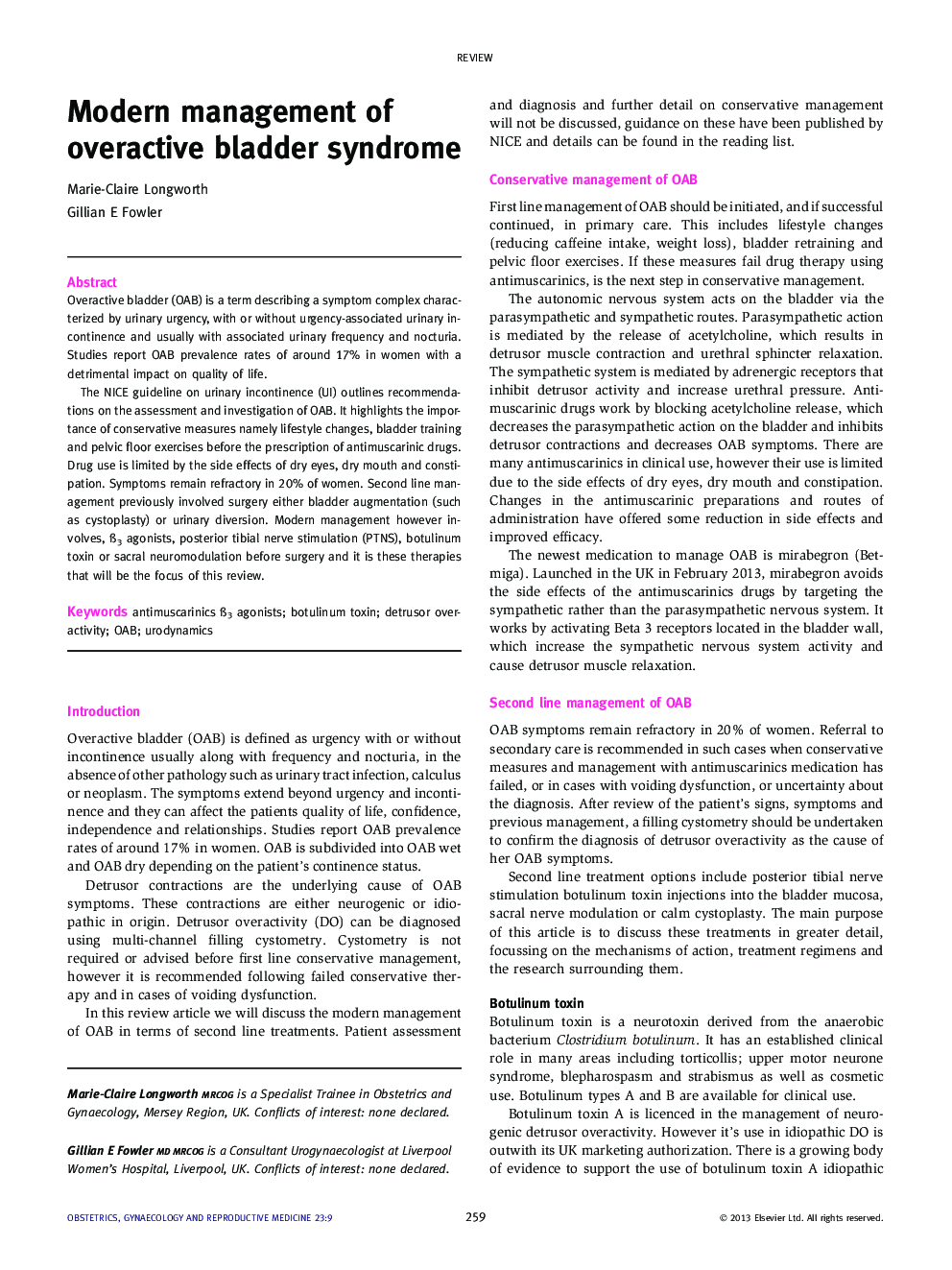 Modern management of overactive bladder syndrome