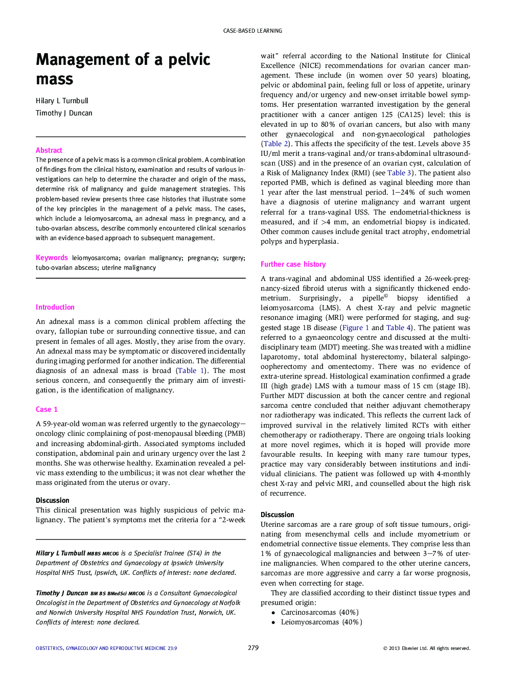 Management of a pelvic mass