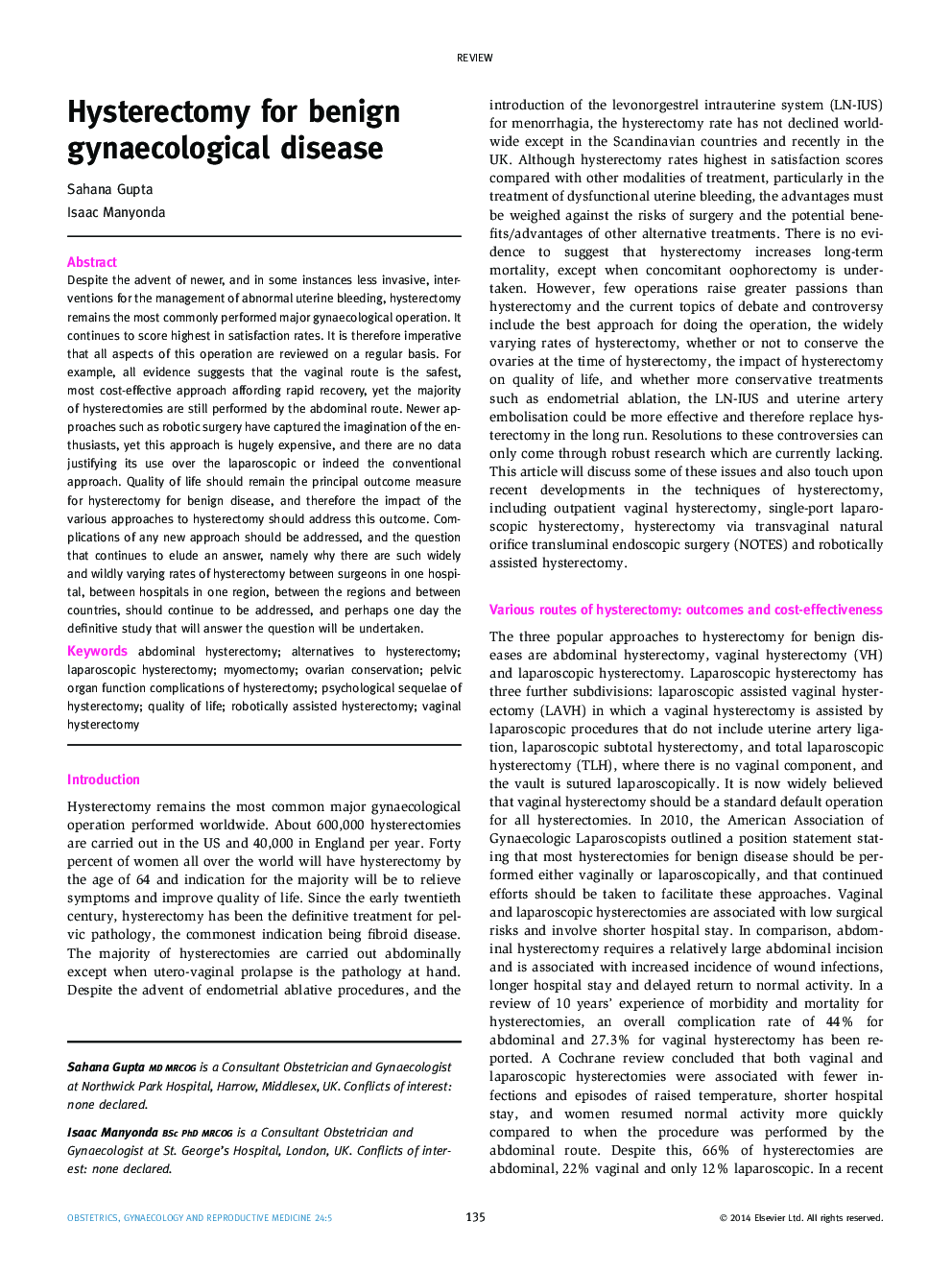 Hysterectomy for benign gynaecological disease