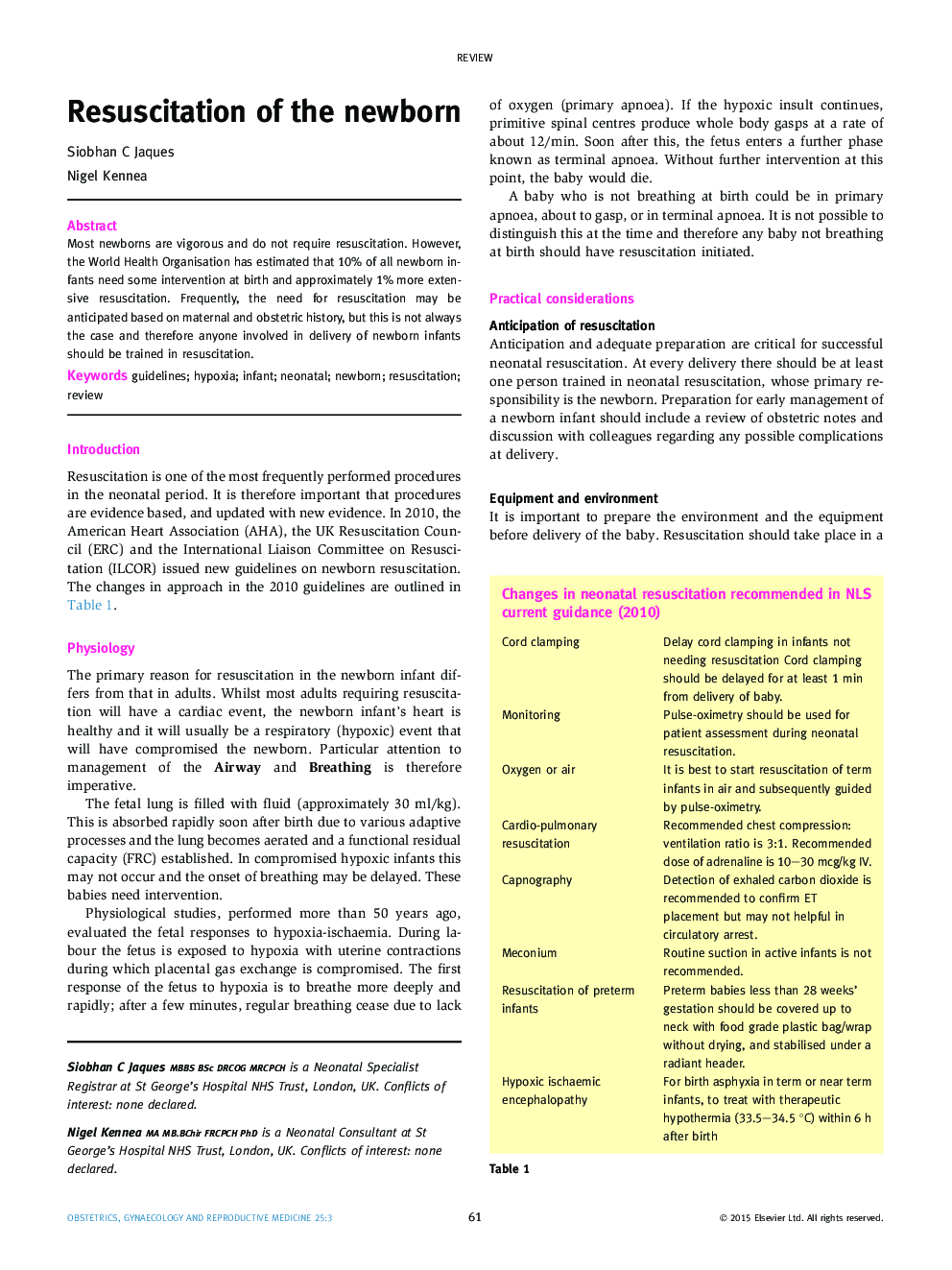 Resuscitation of the newborn