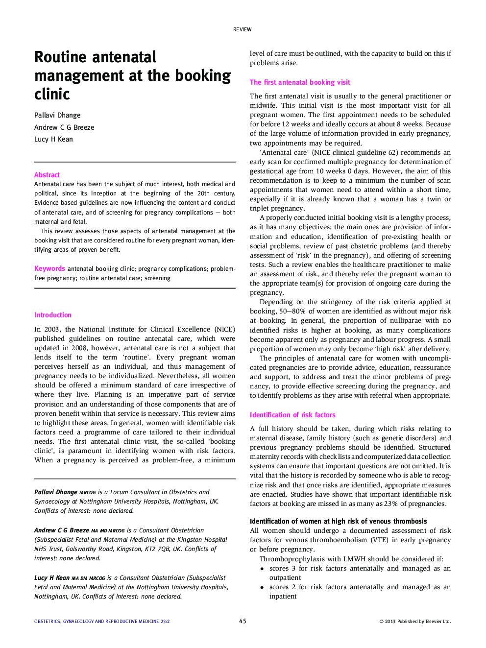 Routine antenatal management at the booking clinic