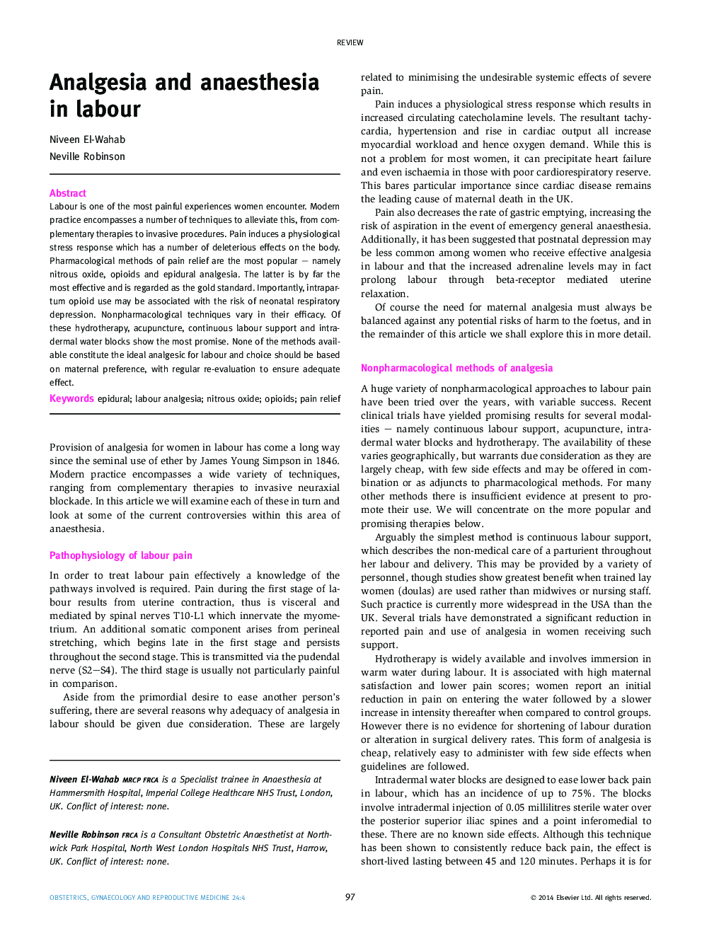 Analgesia and anaesthesia in labour