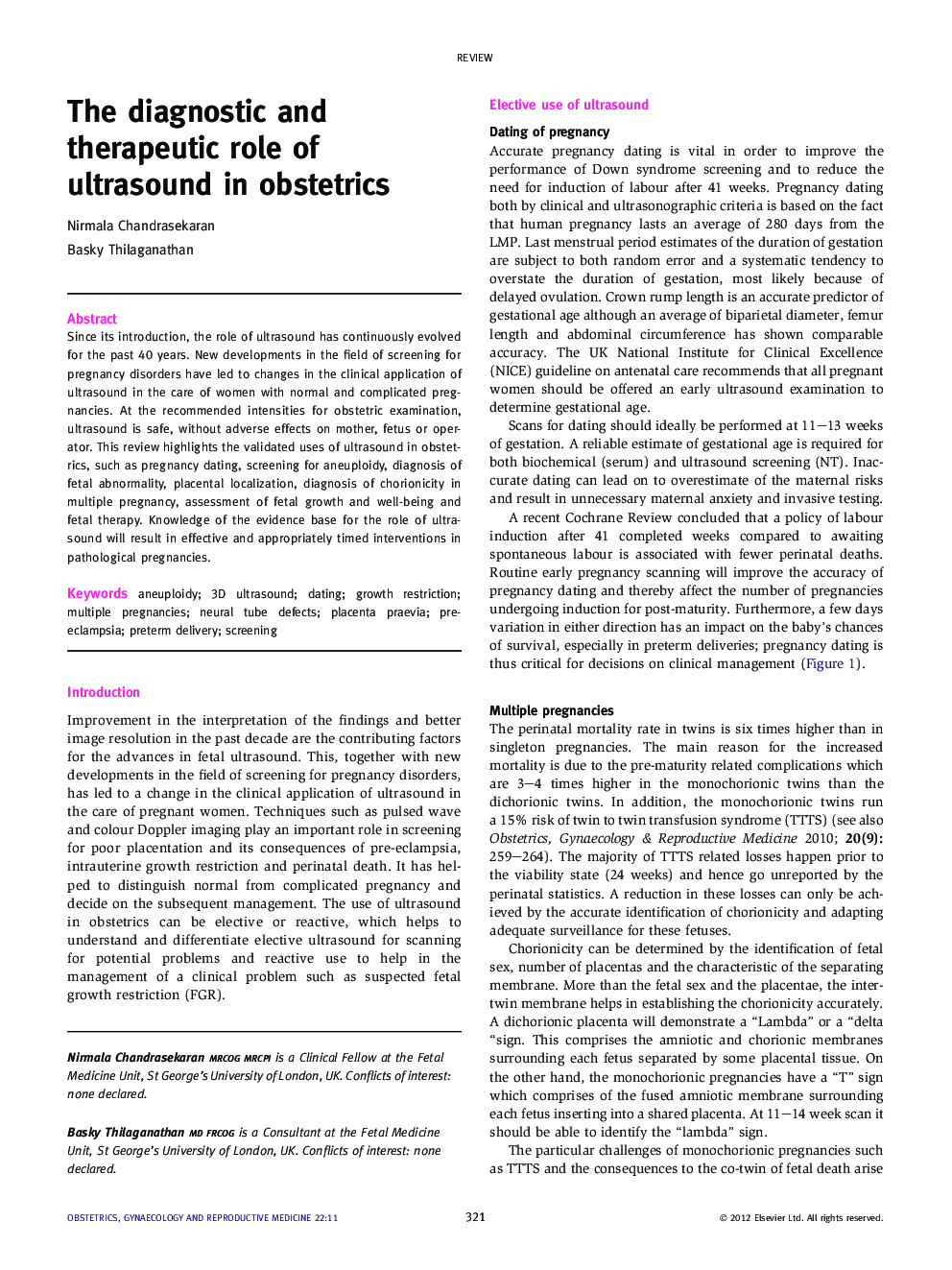 The diagnostic and therapeutic role of ultrasound in obstetrics
