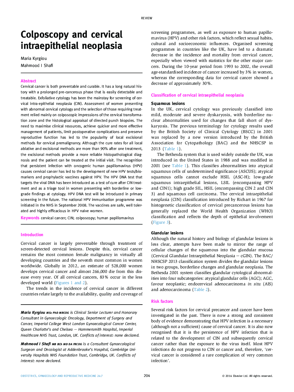 Colposcopy and cervical intraepithelial neoplasia