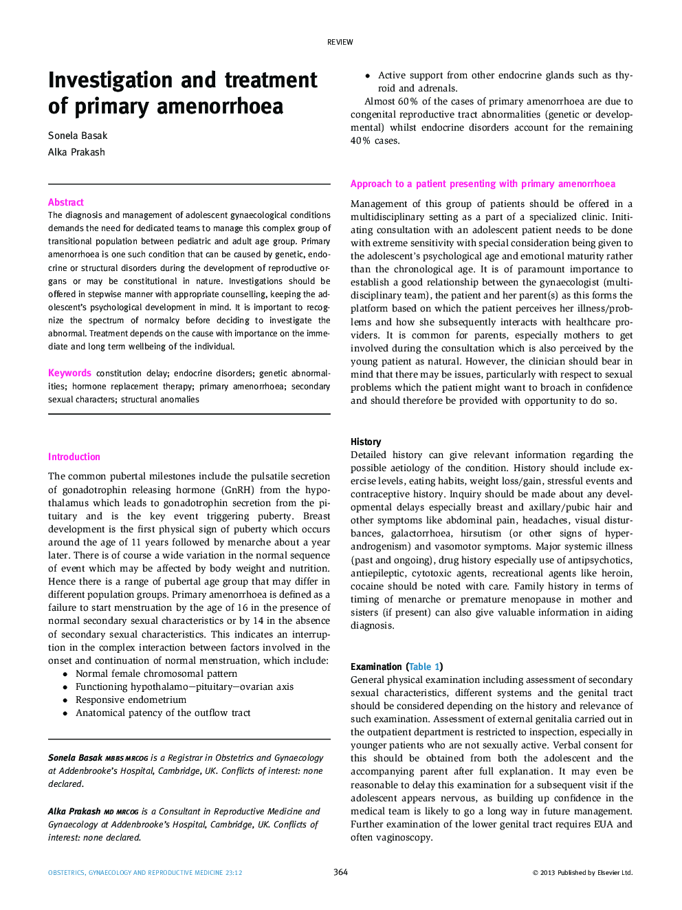 Investigation and treatment of primary amenorrhoea