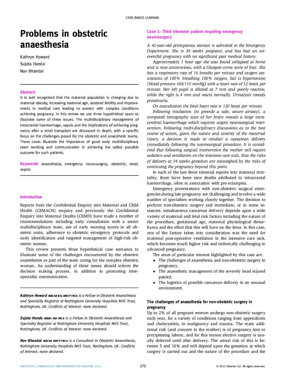 Problems in obstetric anaesthesia